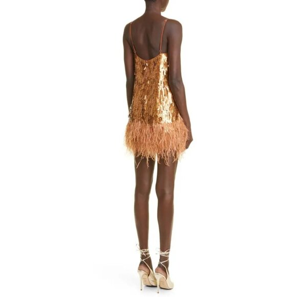 NWT Johanna Ortiz Chemical Attraction Metallic Feather Trim Minidress Gold Sz 10 - Picture 5 of 15